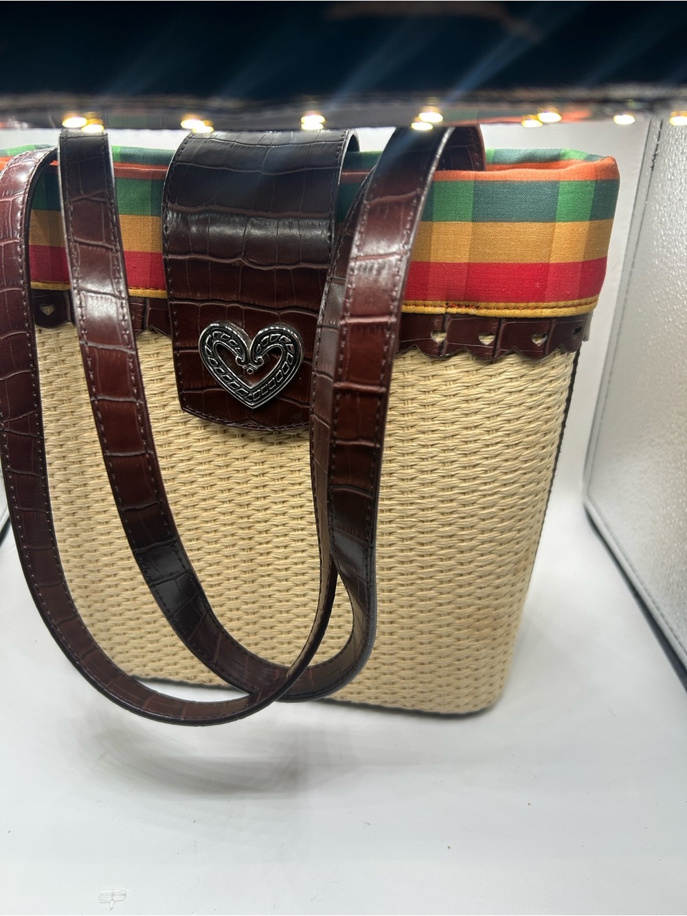Brighton Woven Straw Tote with Brown Croc-Effect Trim and Multicolor Stripe Top